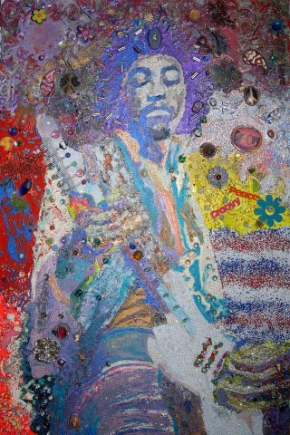 Painting of Jimi Hendrix done using all types of beads and paint